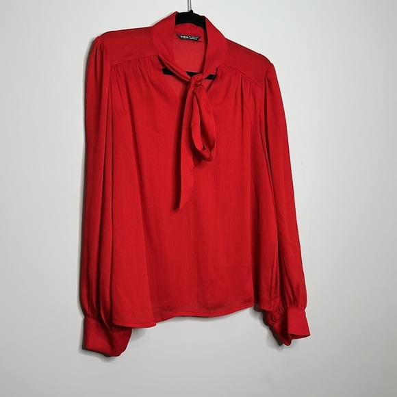 SHEIN  Womens French Red Mesh Floral Stand Collar - Picture 2 of 9